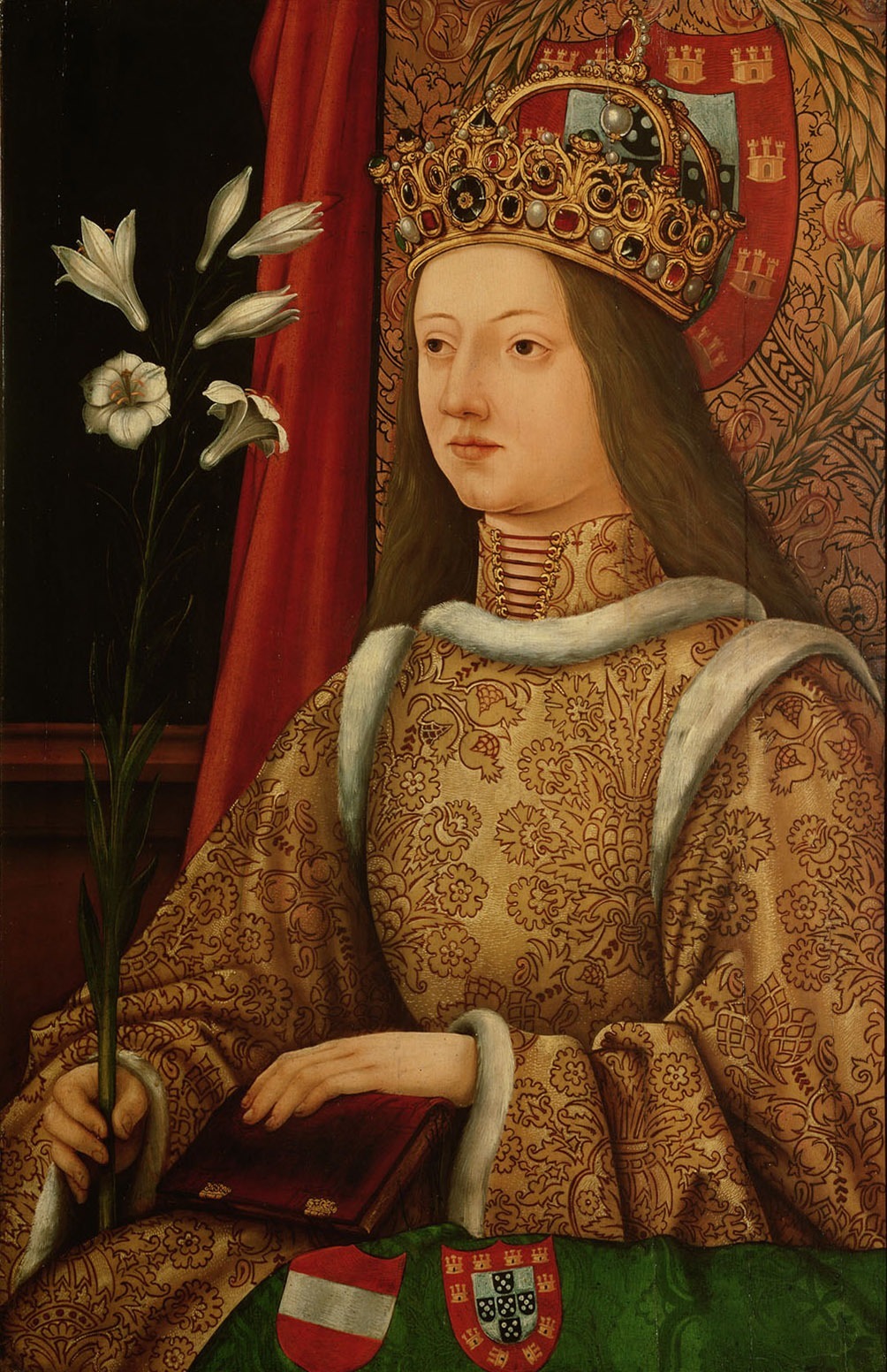 Descrição da imagem: pintura com a representação de Leonor de Portugal, Imperatriz Romano-Germânica, por Hans Burgkmair, o Velho (1473-1531).