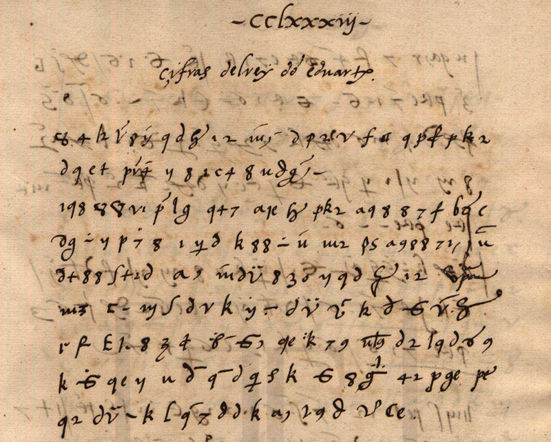 Descrição da imagem: parte de um texto em escrita cifrada do Livro dos Conselhos de D. Duarte, escrita utilizada para fazer face à espionagem da altura.