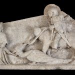 Descrição da imagem: estátua de São Jorge a cavalo a combater um dragão. Igreja de Marecos, Museu de Penafiel.